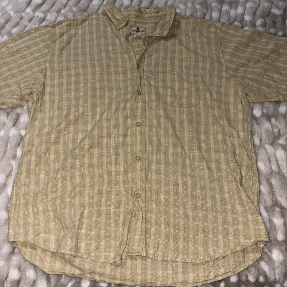 Woolrich Men Shirt XL Plaid Short Sleeve Button Down Top 100% Cotton Tan Brown